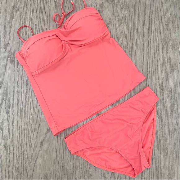 ON THE BEACH Shirred Sweetheart Neckline Salmon Pink Halter Tankini Set Size 10 - Picture 3 of 14